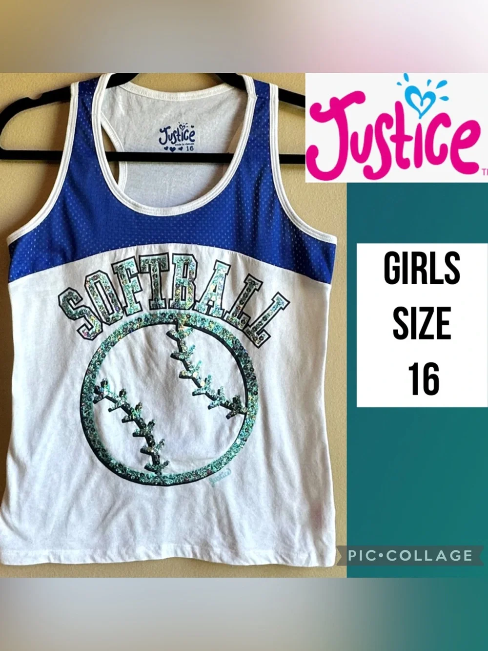 Justice Girls Tank Top Softball Blue White Glitter Aqua Sequins 2012 Size 16